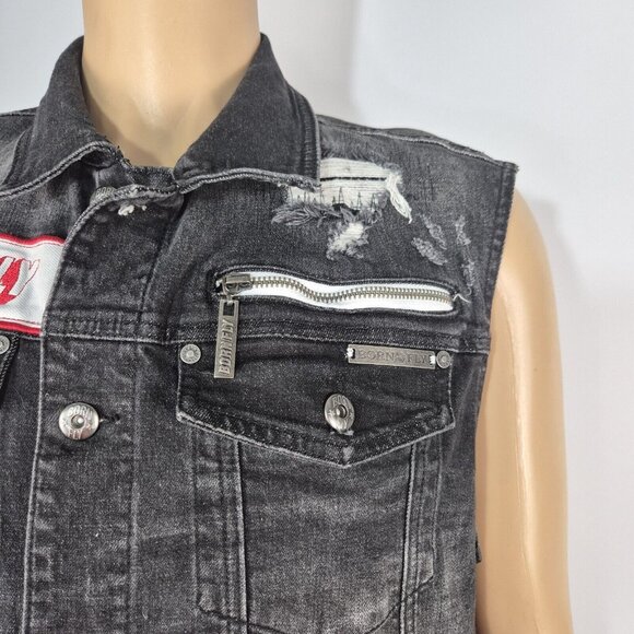 Born Fly Men's Denim Vest Size XL Black Wash Distressed News Paper (03) - Picture 6 of 13